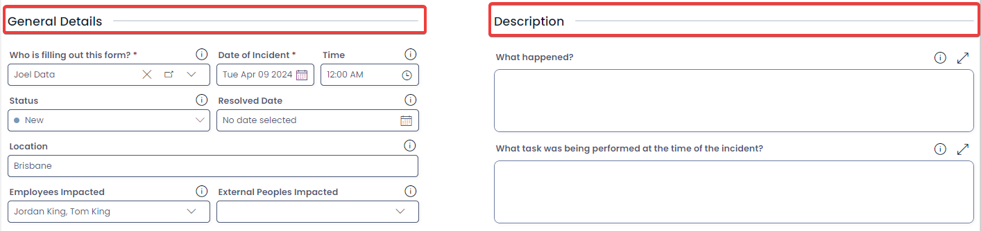 A screenshot that demonstrates how component labels appear on an item&#39;s page. The screenshot is annotated with two red boxes to help the user see where the labels are located in the example. The two component labels read &quot;General Details&quot; and &quot;Description&quot;.